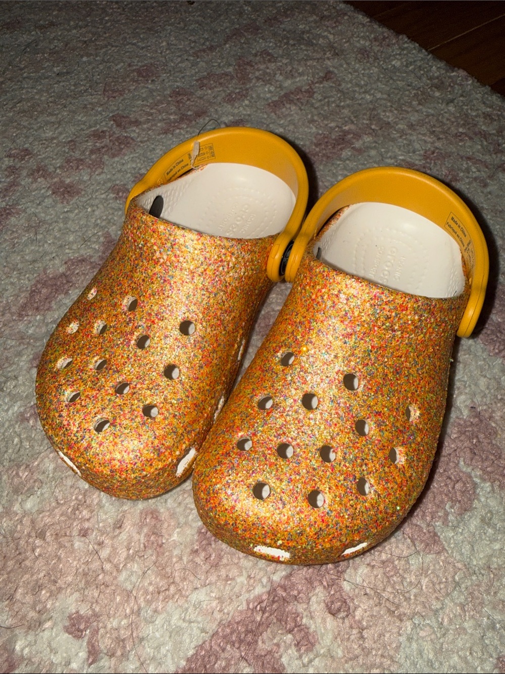 CROCS Kids Glitter Speckled Orange Yellow Clogs NWT